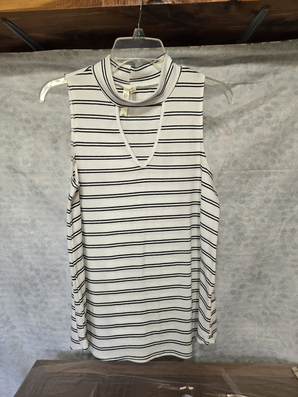 Chenault White and Black Striped Mock Neck Sleeveless Tank